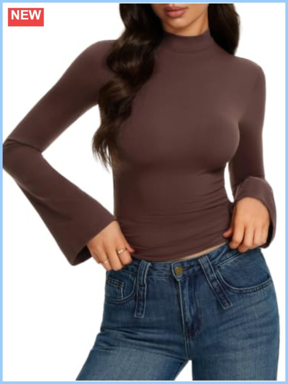 Mock Neck Long Sleeve Slim Fit Stretch Bell Sleeve Top